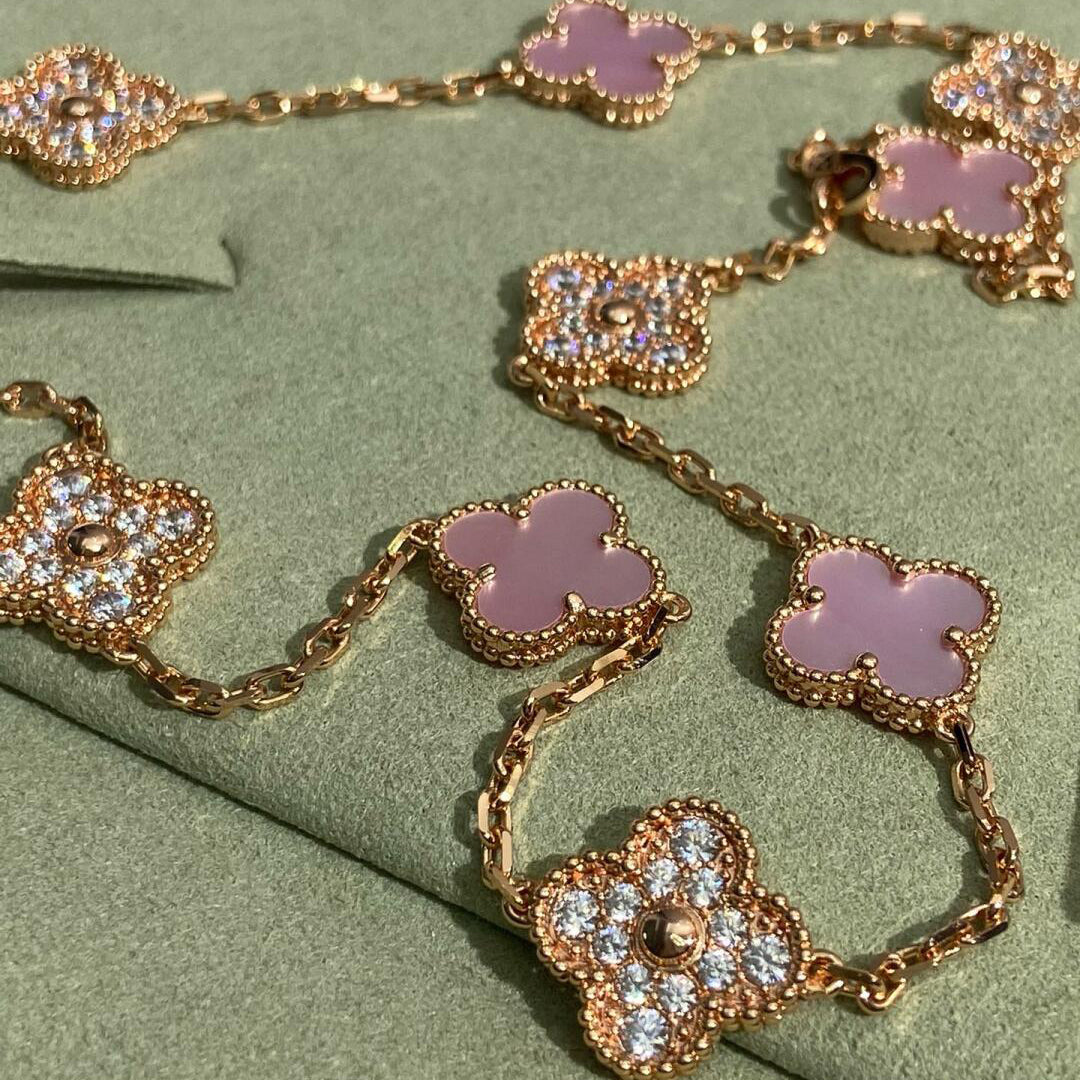 [GALE]CLOVER 10 MOTIFS DIAMOND PINK MOP NECKLACE