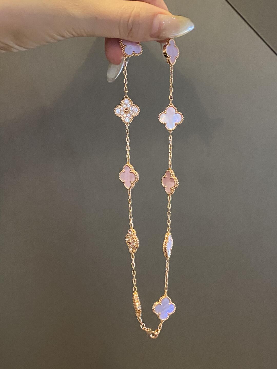 [GALE]CLOVER 10 MOTIFS DIAMOND PINK MOP NECKLACE