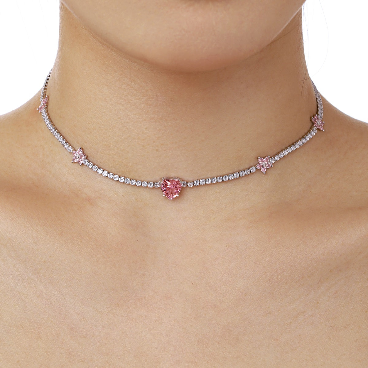 [GALE]Dazzling Pink Heart Flower Necklace