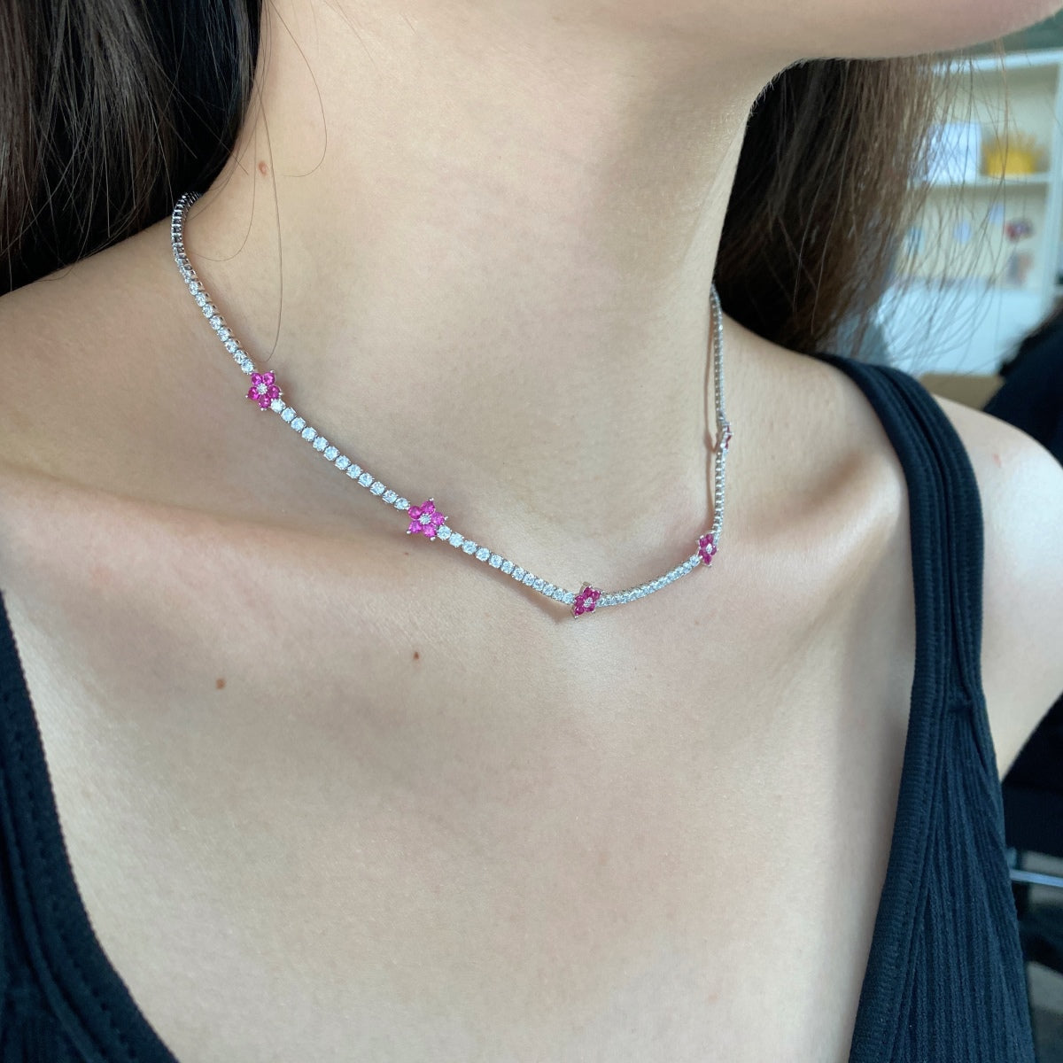 [GALE]Luxurious Colorful Flower Tennis Necklace