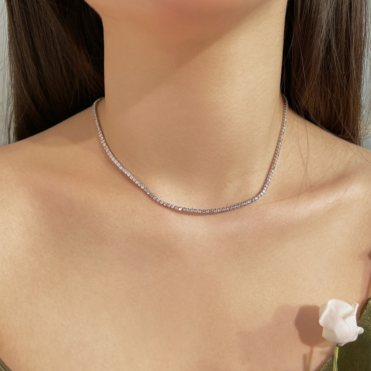 [GALE]Delicate Round Shape Tennis Necklace