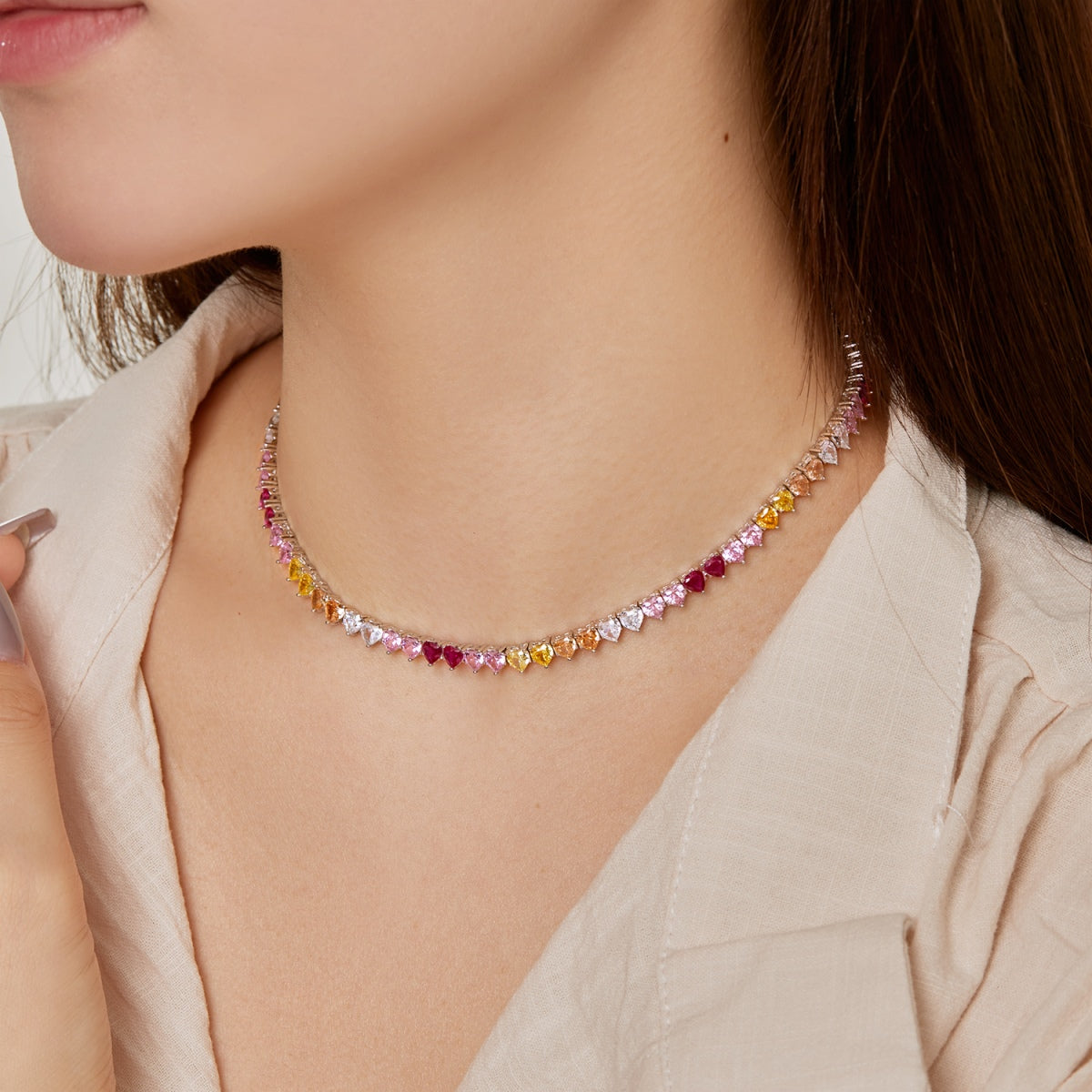 [GALE]Sparkling Colorful Full Heart Tennis Necklace