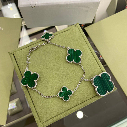 [GALE]CLOVER 5 MOTIFS SIVLER MALACHITE BRACELET