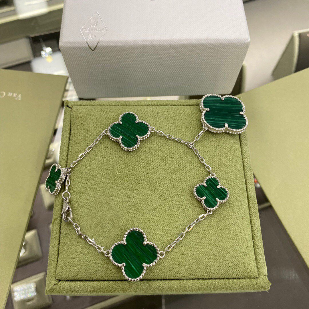[GALE]CLOVER 5 MOTIFS SIVLER MALACHITE BRACELET