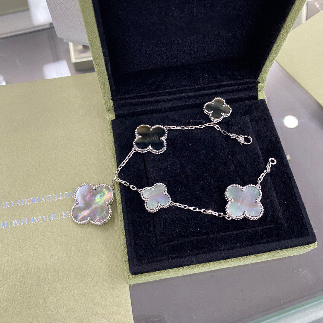 [GALE]CLOVER 5 MOTIFS SIVLER DARK MOP BRACELET