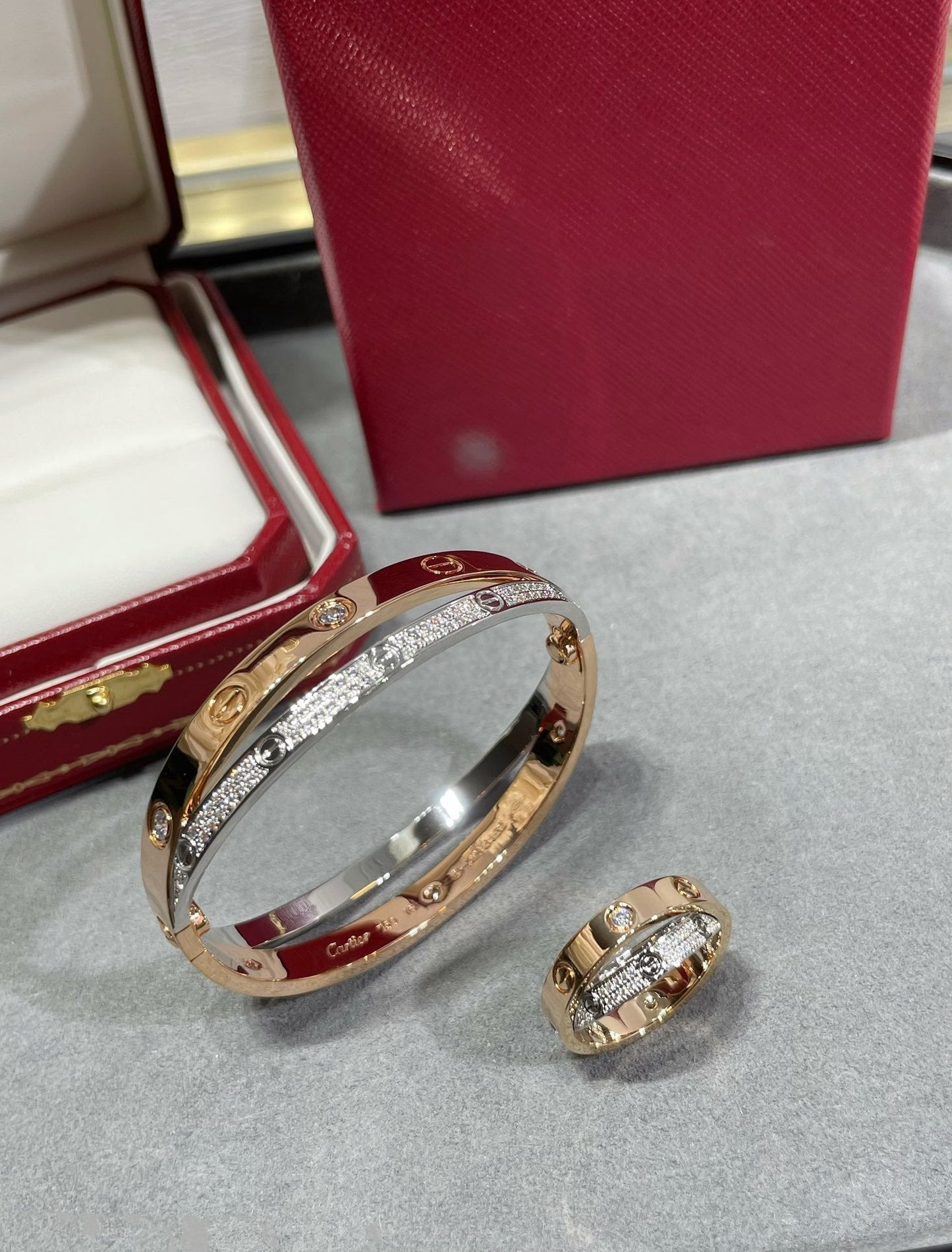 [GALE]LOVE PINK GOLD SILVER DIAMOND DOUBLE RING