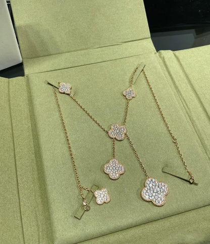 [GALE]CLOVER 6 MOTIF DIAMOND PAVED NECKLACE