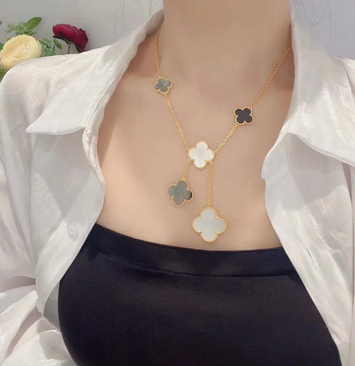 [GALE]CLOVER 6 MOTIF MOP ONYX GOLD NECKLACE