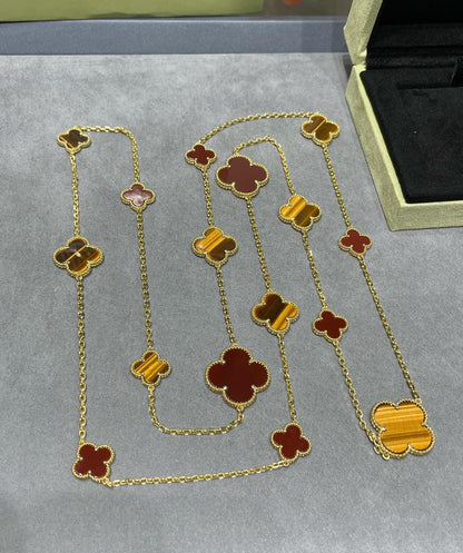 [GALE]CLOVER 16 MOTIF CARNELIAN TIGER EYE ROSE GOLD NECKLACE