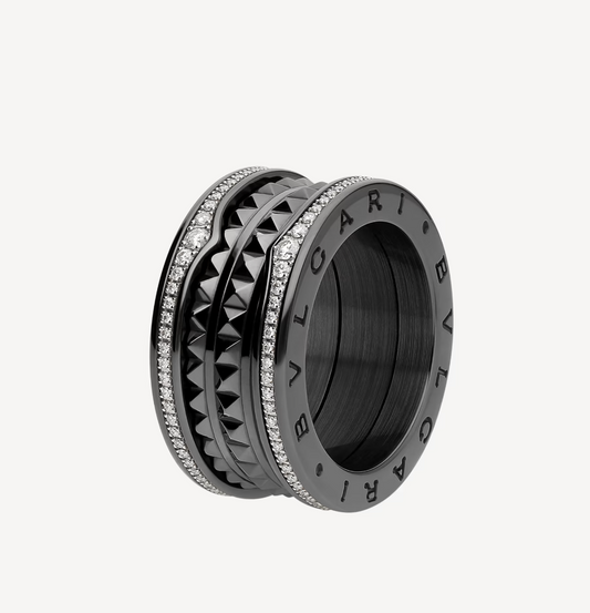 [GALE]ZERO 1 ROCK FOUR-BAND BLACK CERAMIC WITH STUDDED SPIRAL AND PAVED DIAMONDS RING