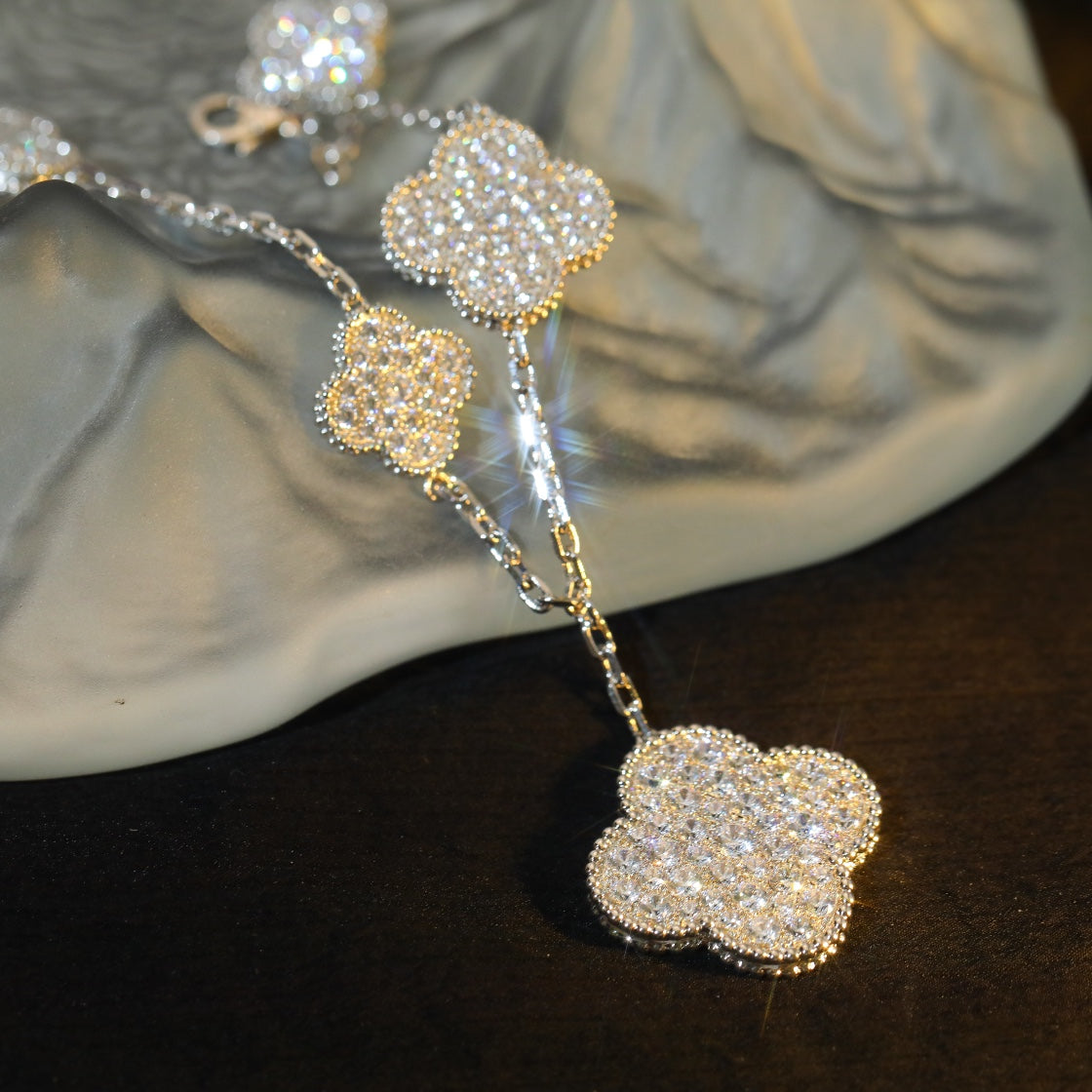 [GALE]CLOVER BRACELET 5 MOTIF SILVER DIAMOND PAVED