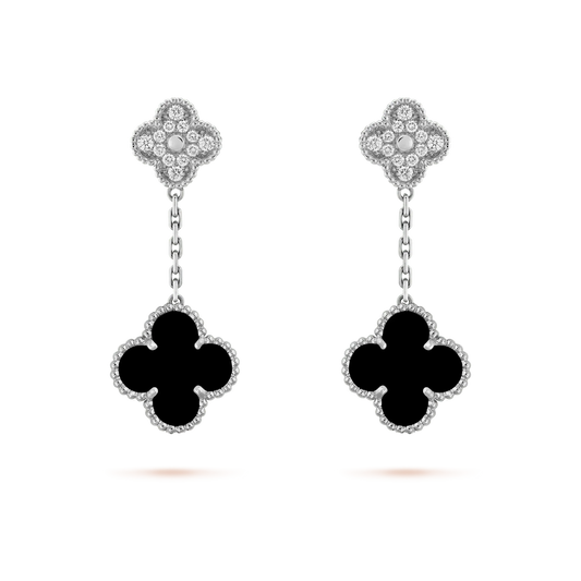 [GALE]CLOVER 2 MOTIFS  DIAMOND ONYX EARRINGS SILVER