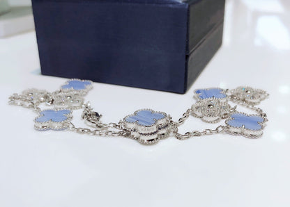 [GALE]CLOVER 10 MOTIFS CHALCEDONY DIAMONDS SILVER NECKLACE