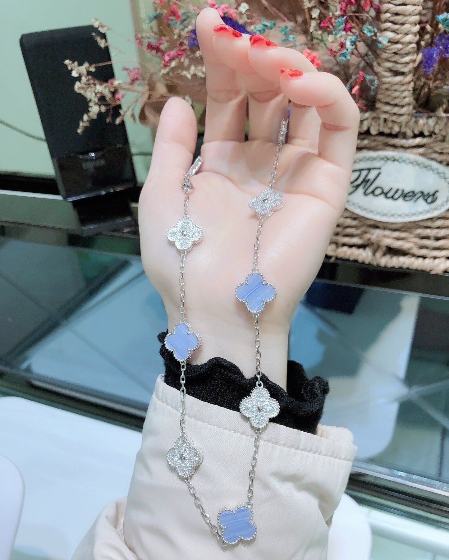 [GALE]CLOVER 10 MOTIFS CHALCEDONY DIAMONDS SILVER NECKLACE
